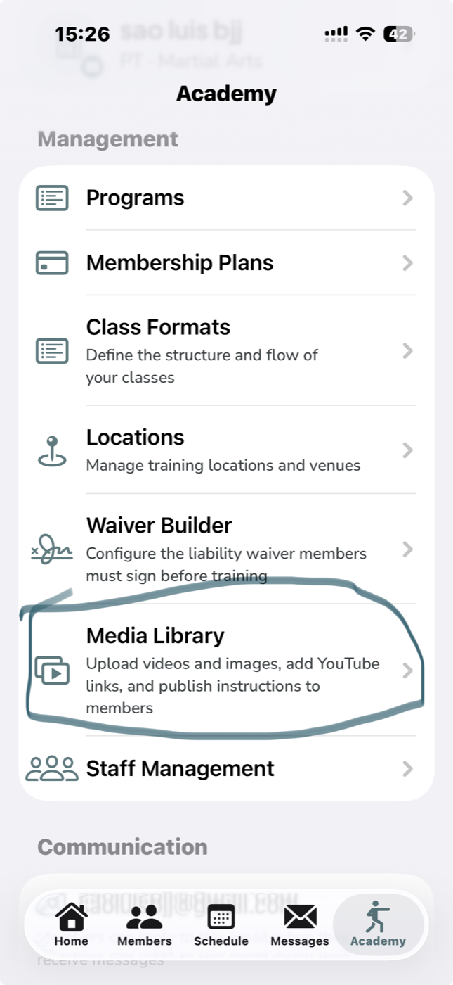 OpenMat Academy tab showing the Media Library row