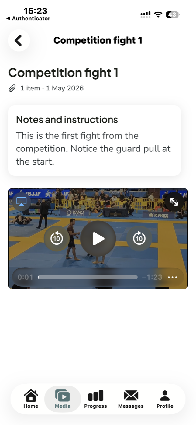 OpenMat member Media tab showing a published video post
