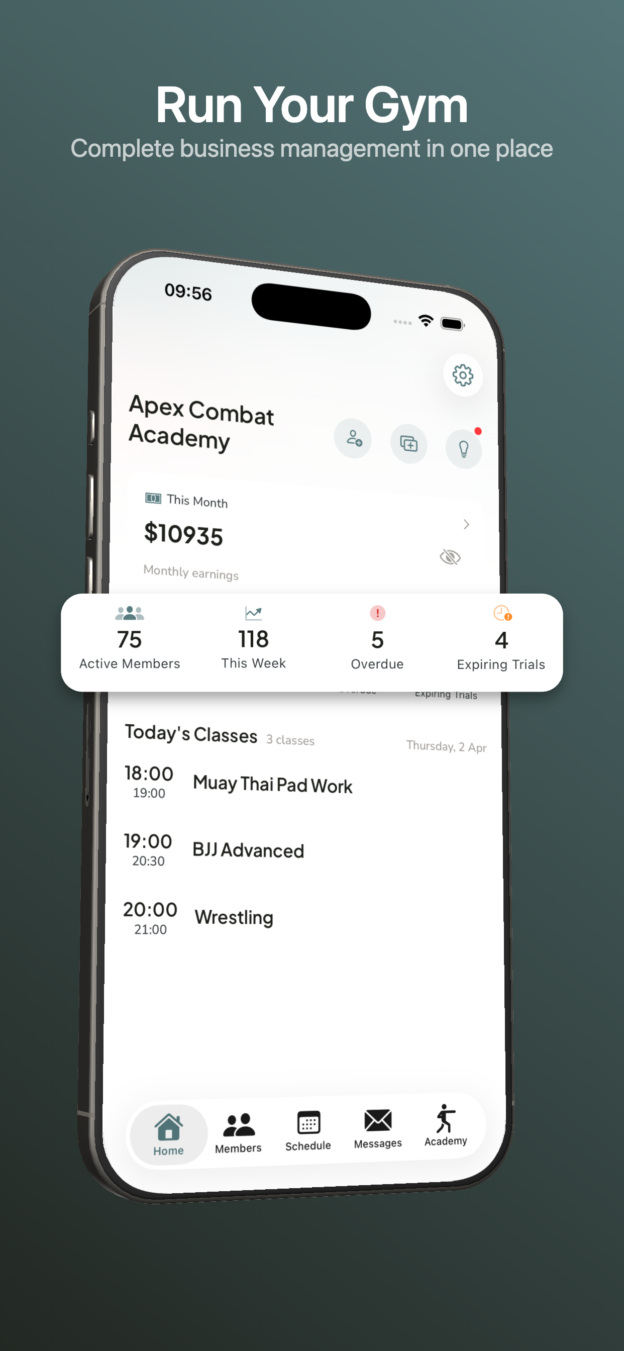 OpenMat dashboard showing revenue tracking and today's classes