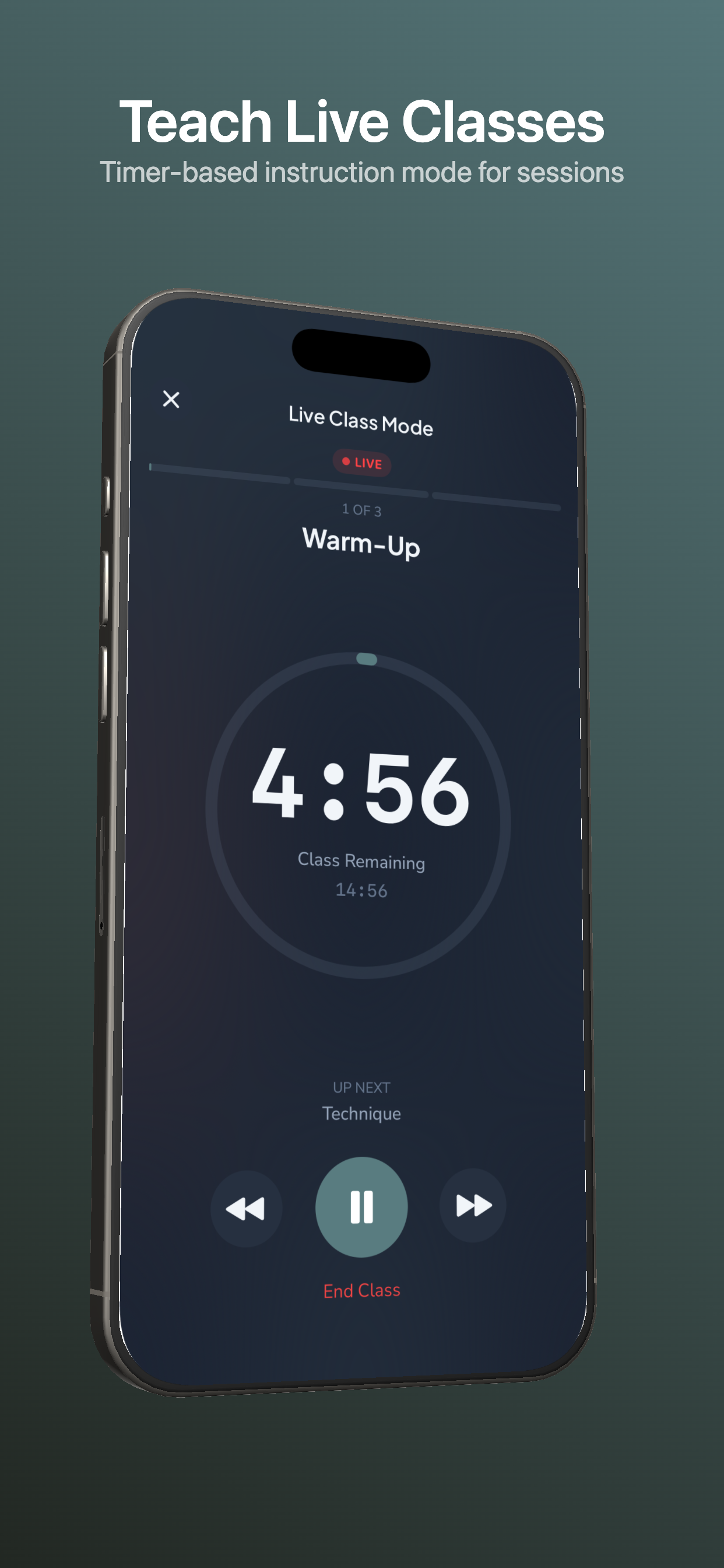 OpenMat live class mode with countdown timer for warm-up segment