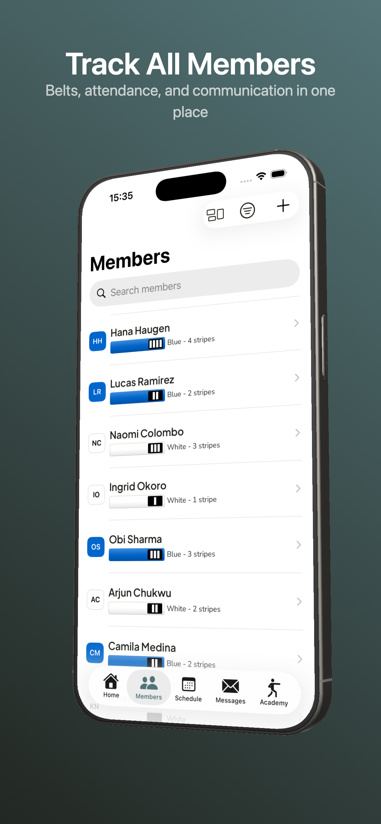 OpenMat member list showing belt ranks and progress tracking